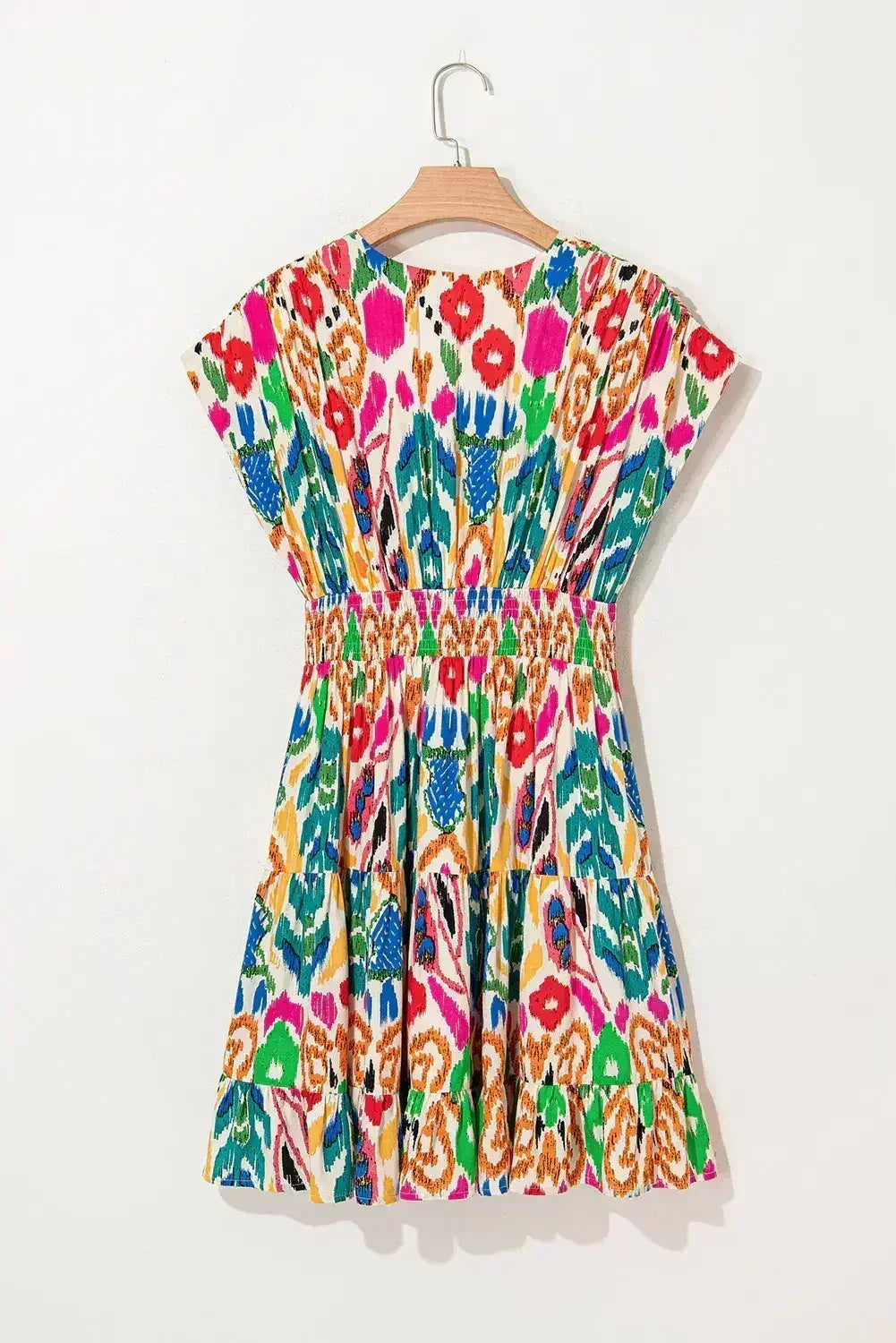 Sky Blue Abstract Print V Neck Dolman Sleeve Ruffle Tiered Mini Dress - Femstylo