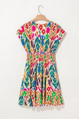 Sky Blue Abstract Print V Neck Dolman Sleeve Ruffle Tiered Mini Dress - Femstylo