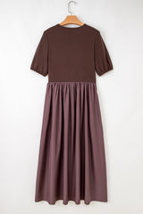 Coffee Knit Top Patchwork Pleated Half Sleeve Long Dress