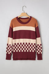 Brown Checkered Colorblock Knitted Drop Shoulder Sweater