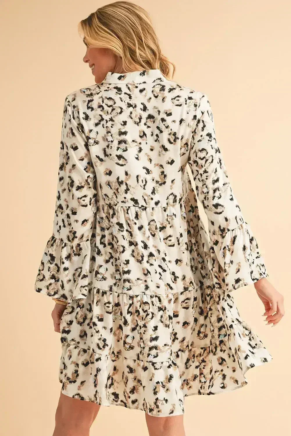 Black Leopard Button V Neck Flowy Mini Dress - Femstylo