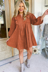 Cinnamon Split Neck Scallop Detail Pleated Corduroy Mini Dress