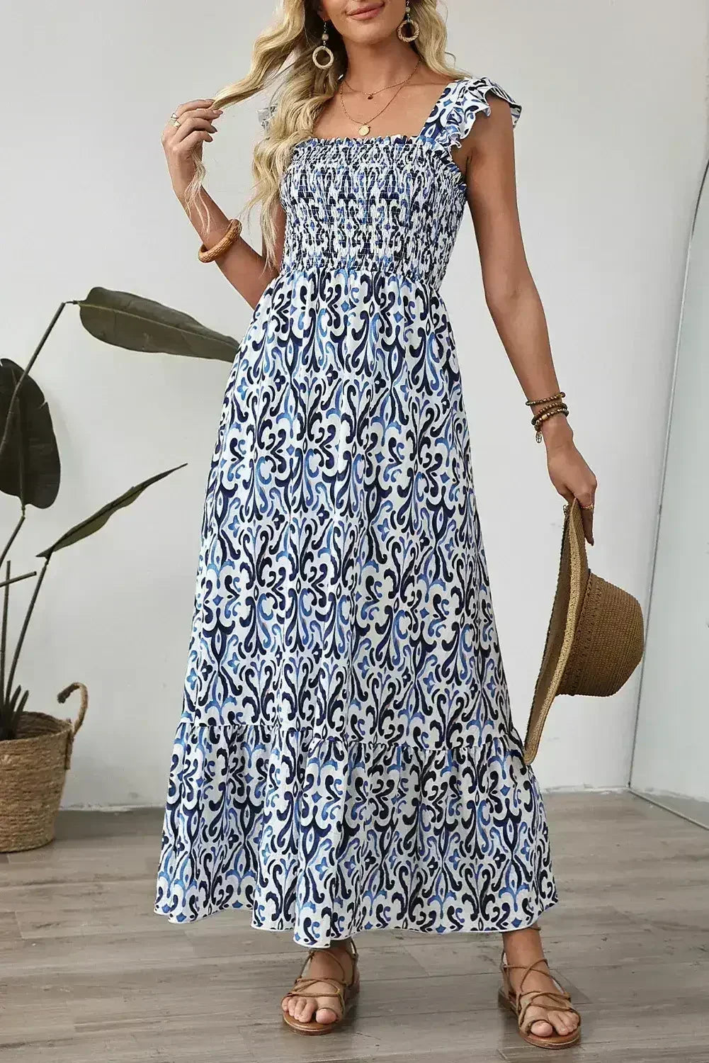 Sky Blue Boho Print Smocked High Waist Maxi Dress - Femstylo