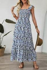Sky Blue Boho Print Smocked High Waist Maxi Dress - Femstylo