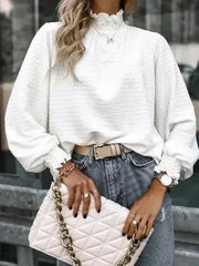 Smocked Frill Mock Neck Long Sleeve Blouse - Femstylo