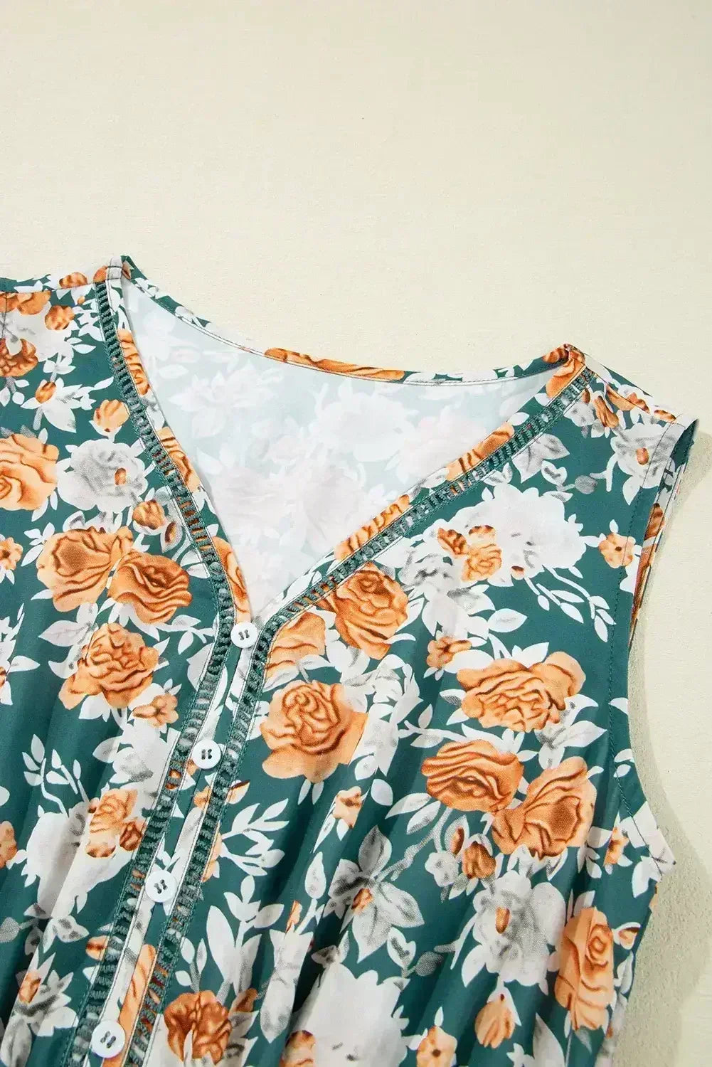 Green Floral Print Trimmed V Neck Sleeveless Vacation Dress - Femstylo