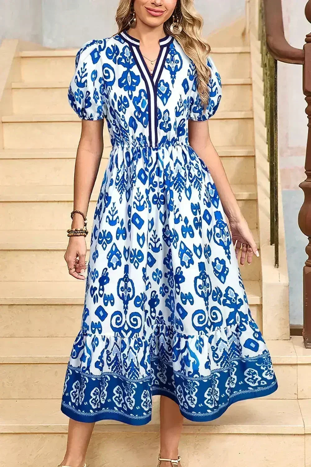 Blue Floral Ruffle Hem Pop of Color Neckline Dress - Femstylo