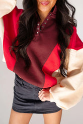Fiery Red Colorblock Patchwork Oversized Sweatshirt
