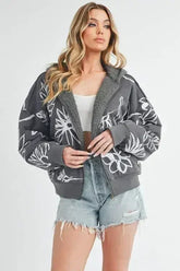 Aemi + Co Flower Print Zip Up Sherpa Hoodie - Femstylo