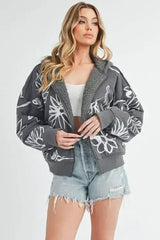 Aemi + Co Flower Print Zip Up Sherpa Hoodie - Femstylo