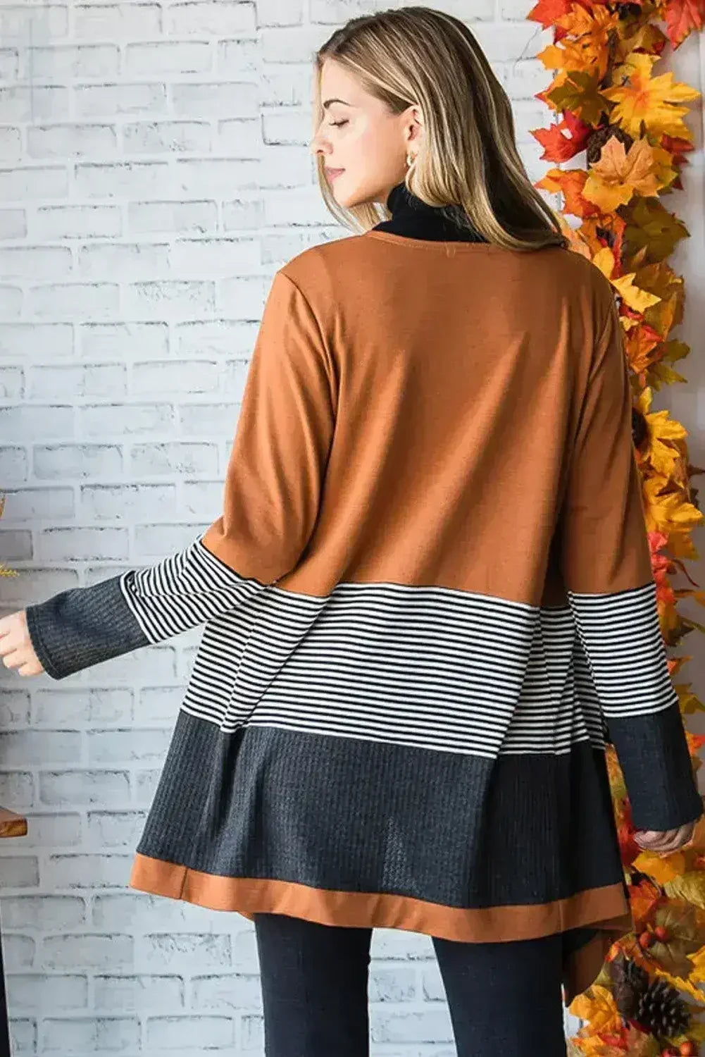 Orange Colorblock Striped Patchwork Open Cardigan - Femstylo