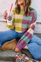 Green Stripe Colorblock Drop Shoulder Ribbed Edge Sweater