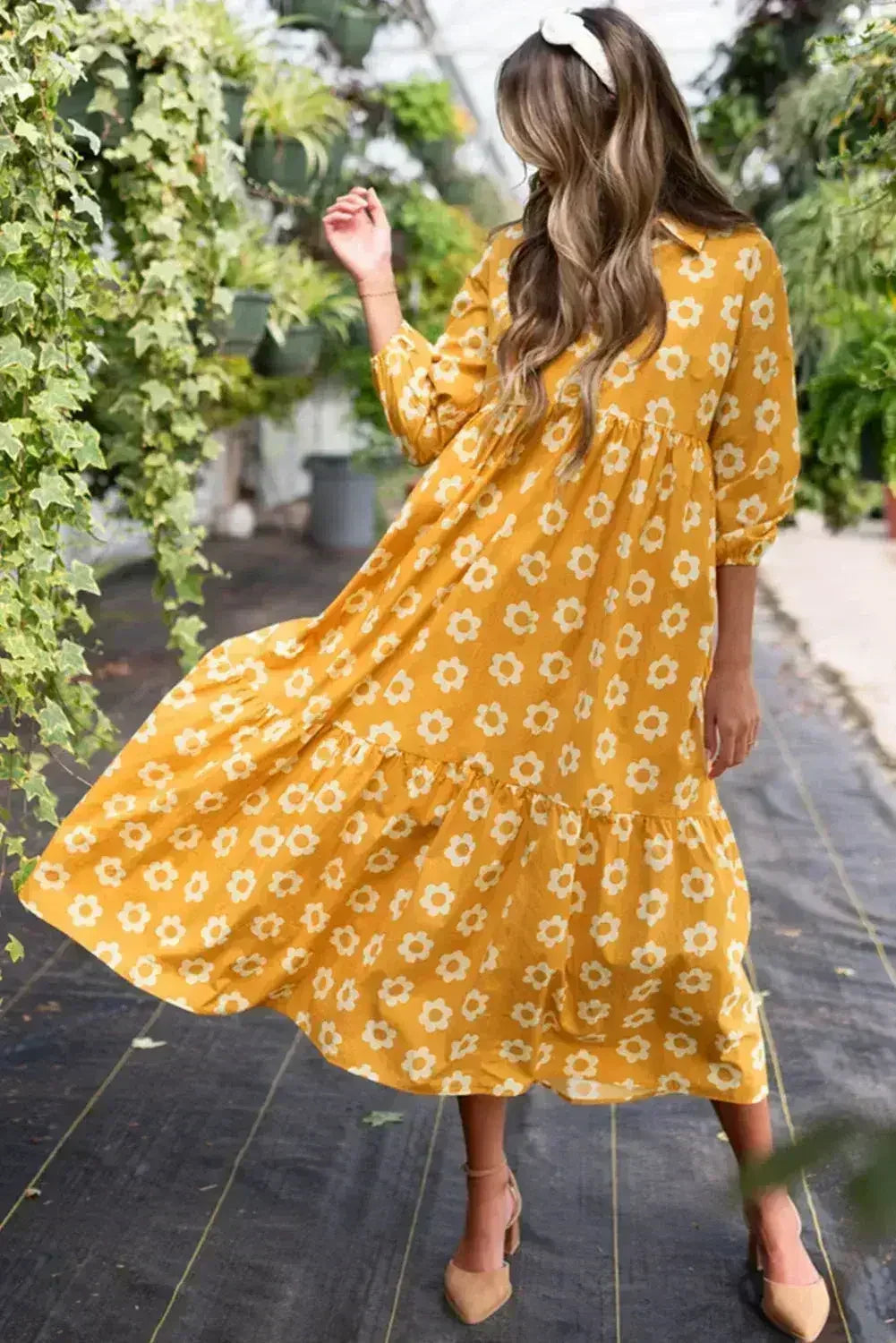 Yellow Flower Print Bracelet Sleeve Buttons Collared Maxi Dress - Femstylo