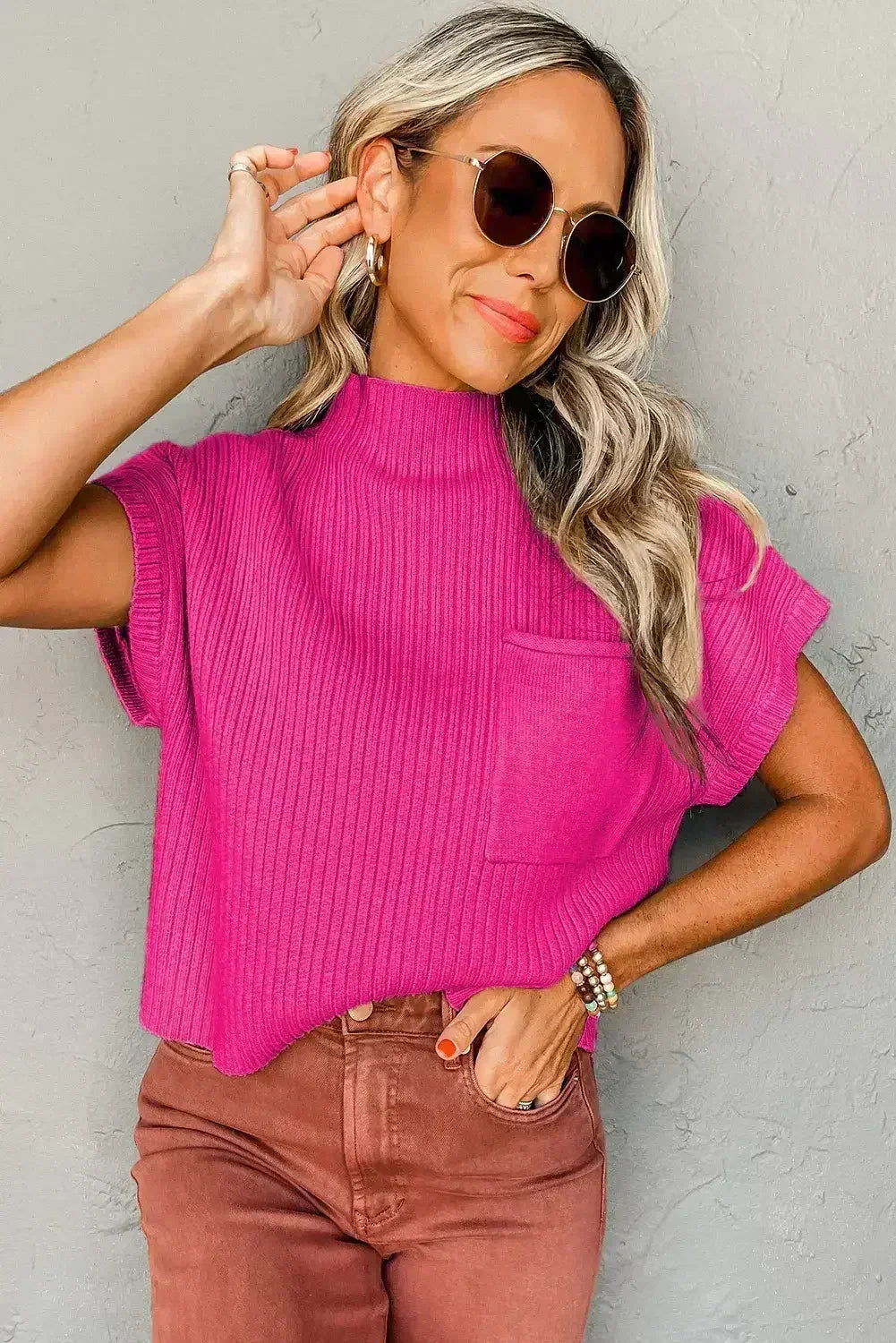 Mineral Red Patch Pocket Ribbed Knit Short Sleeve Sweater - Femstylo