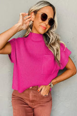 Mineral Red Patch Pocket Ribbed Knit Short Sleeve Sweater - Femstylo