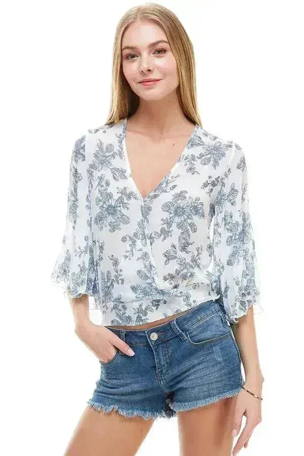 LONG SLEEVE SURPLICE FLORAL TOP | FEMSTYLO - Femstylo