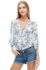 LONG SLEEVE SURPLICE FLORAL TOP | FEMSTYLO - Femstylo
