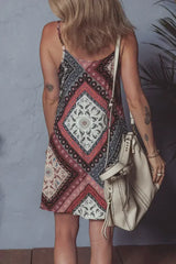 Red Geometric Paisley Print Sleeveless Mini Dress - Femstylo