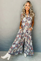 Sky Blue Floral Sleeveless Pocketed Wide Leg Jumpsuit - Femstylo