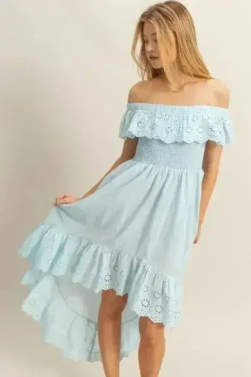 HYFVE Eyelet Off-Shoulder Dress – High-Low Ruffled Hem - Femstylo