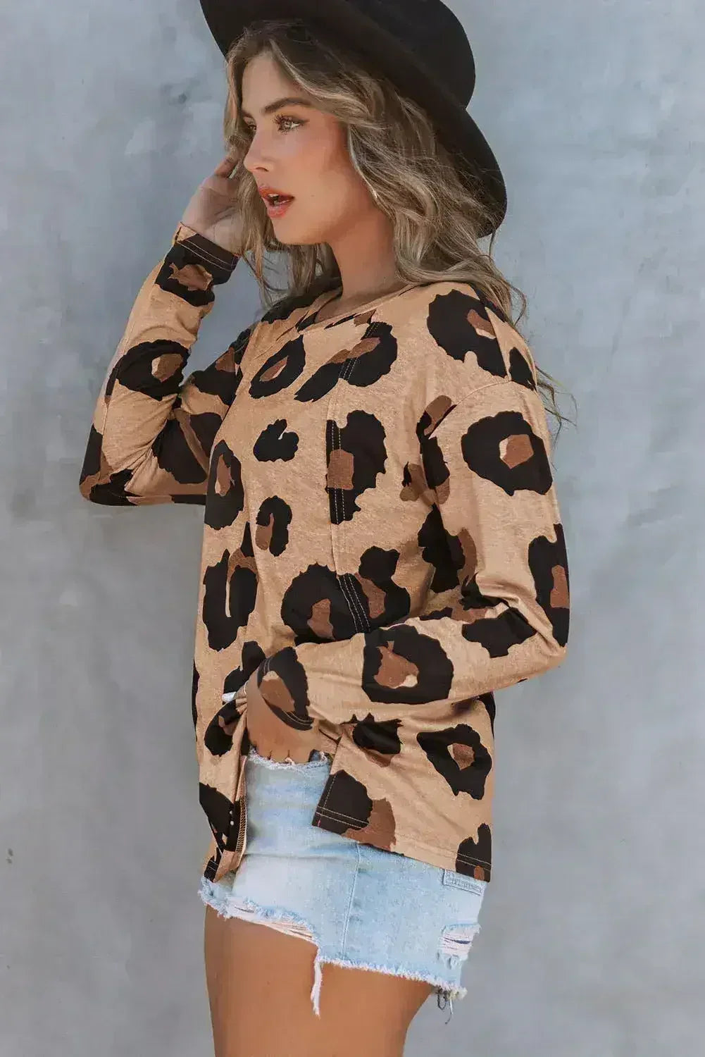 Leopard Print Long Sleeve Loose Top - Femstylo