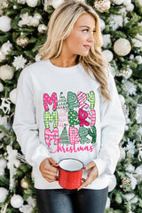 Beige MERRY Christmas Heat Transfer Printing Drop Shoulder Pullover Sweatshirt