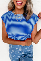 Black Stripe Ribbed Cap Sleeve Round Neck T Shirt