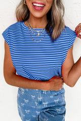 Black Stripe Ribbed Cap Sleeve Round Neck T Shirt