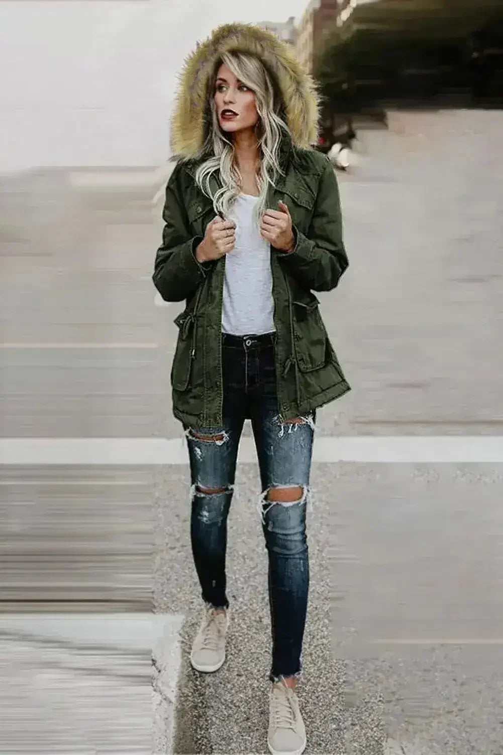 Zipper Snaps Pocket Plush Hooded Parka Jacket - Femstylo