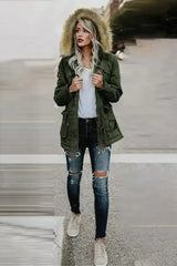 Zipper Snaps Pocket Plush Hooded Parka Jacket - Femstylo