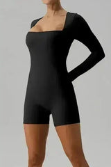 Square Neck Long Sleeve Active Romper - Femstylo