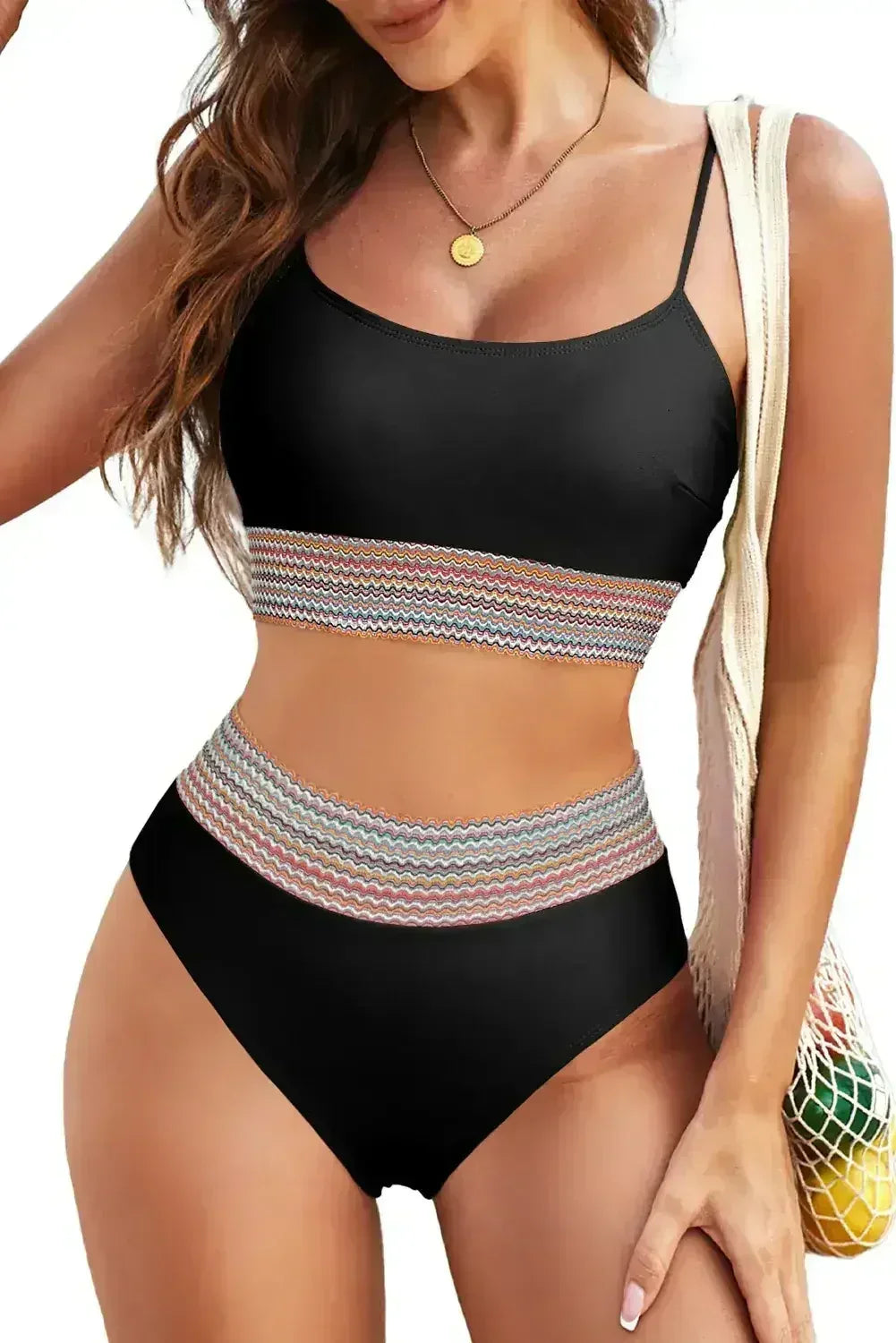 Rose Striped Patchwork Spaghetti Strap High Waist Bikini Set - Femstylo