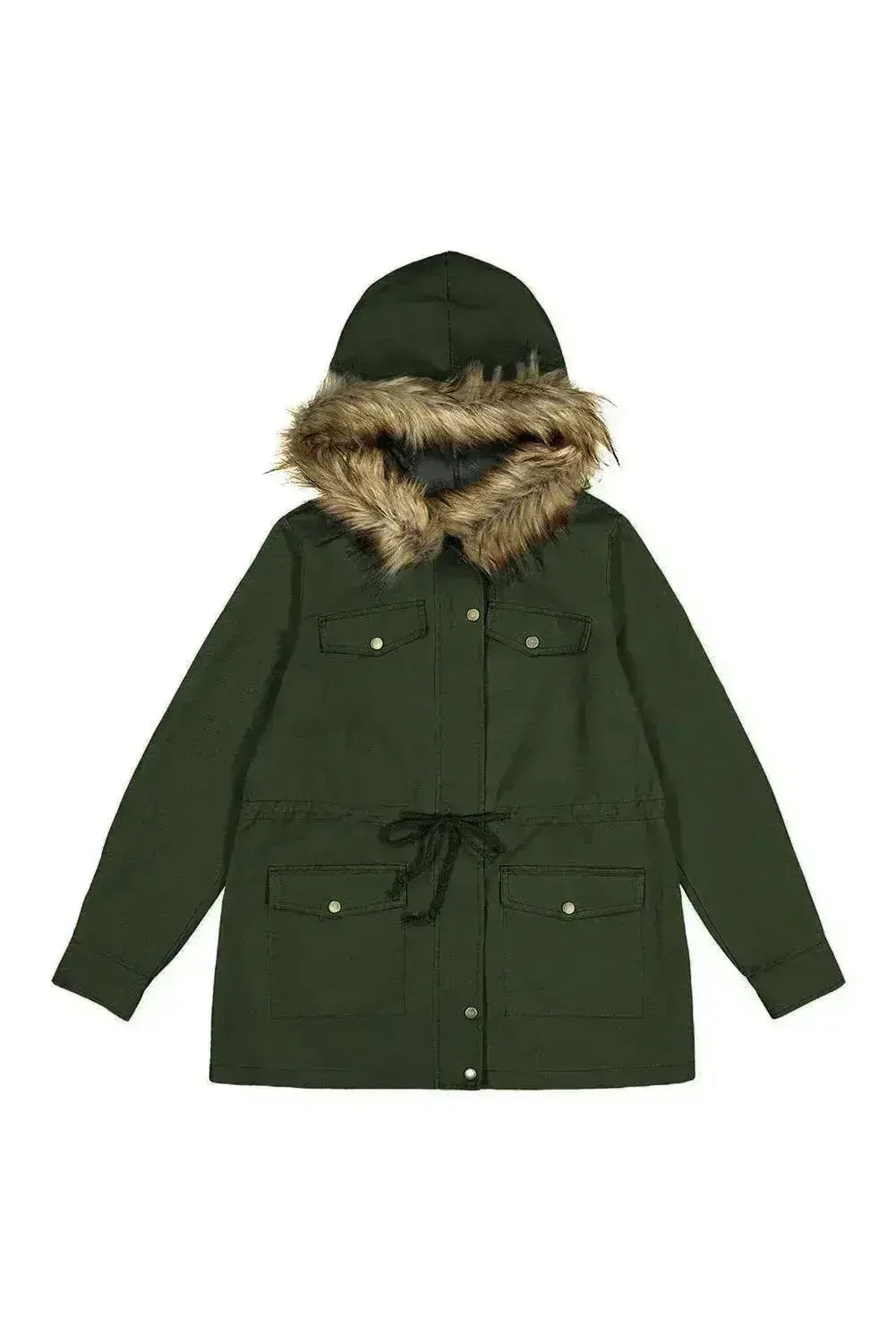 Zipper Snaps Pocket Plush Hooded Parka Jacket - Femstylo