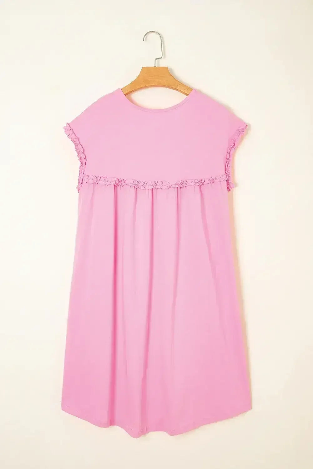 Oatmeal Frilled Trim Crewneck Loose Fit Mini Dress - Femstylo