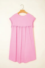 Oatmeal Frilled Trim Crewneck Loose Fit Mini Dress - Femstylo