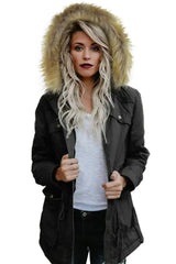 Zipper Snaps Pocket Plush Hooded Parka Jacket - Femstylo