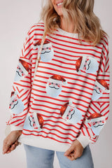 Orange Stripe Sequin Santa Claus Patch Application Loose Fitting Sweatshirt