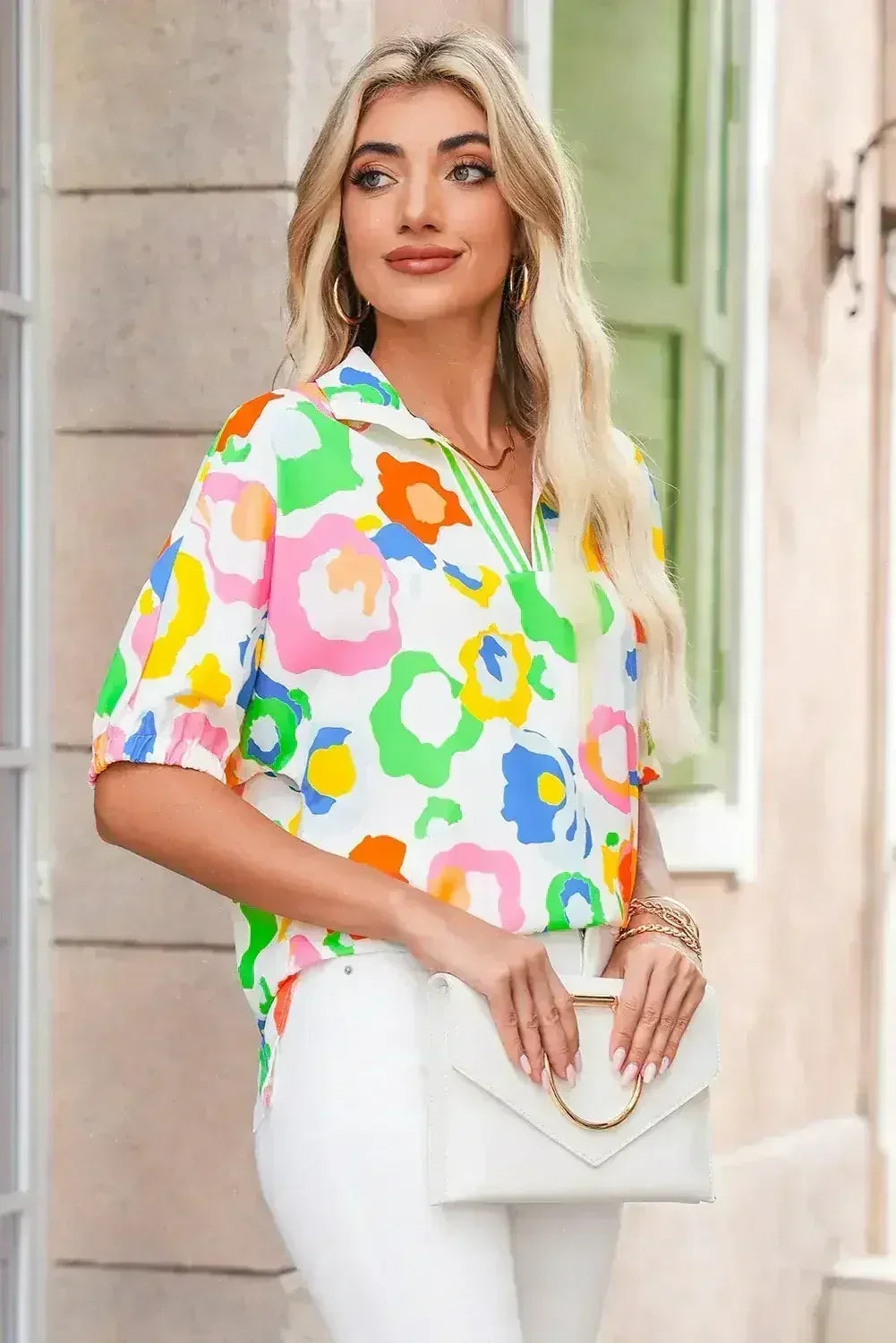 Green Abstract Leopard Short Sleeve Pop of Color Blouse | Femstylo - Femstylo