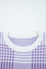 Lilac Plaid Print Ribbed Trim Loose Sweater