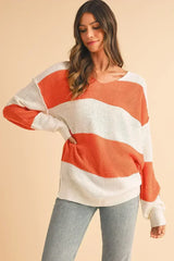 Orange Colorblock V Neck Side Slits Sweater - Femstylo