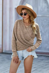 Fashion Khaki Deep V-neck Long Sleeve Knit Sweater - Femstylo