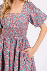 Mittoshop Smocked Floral Square Neck Puff Sleeve Midi Dress - Femstylo