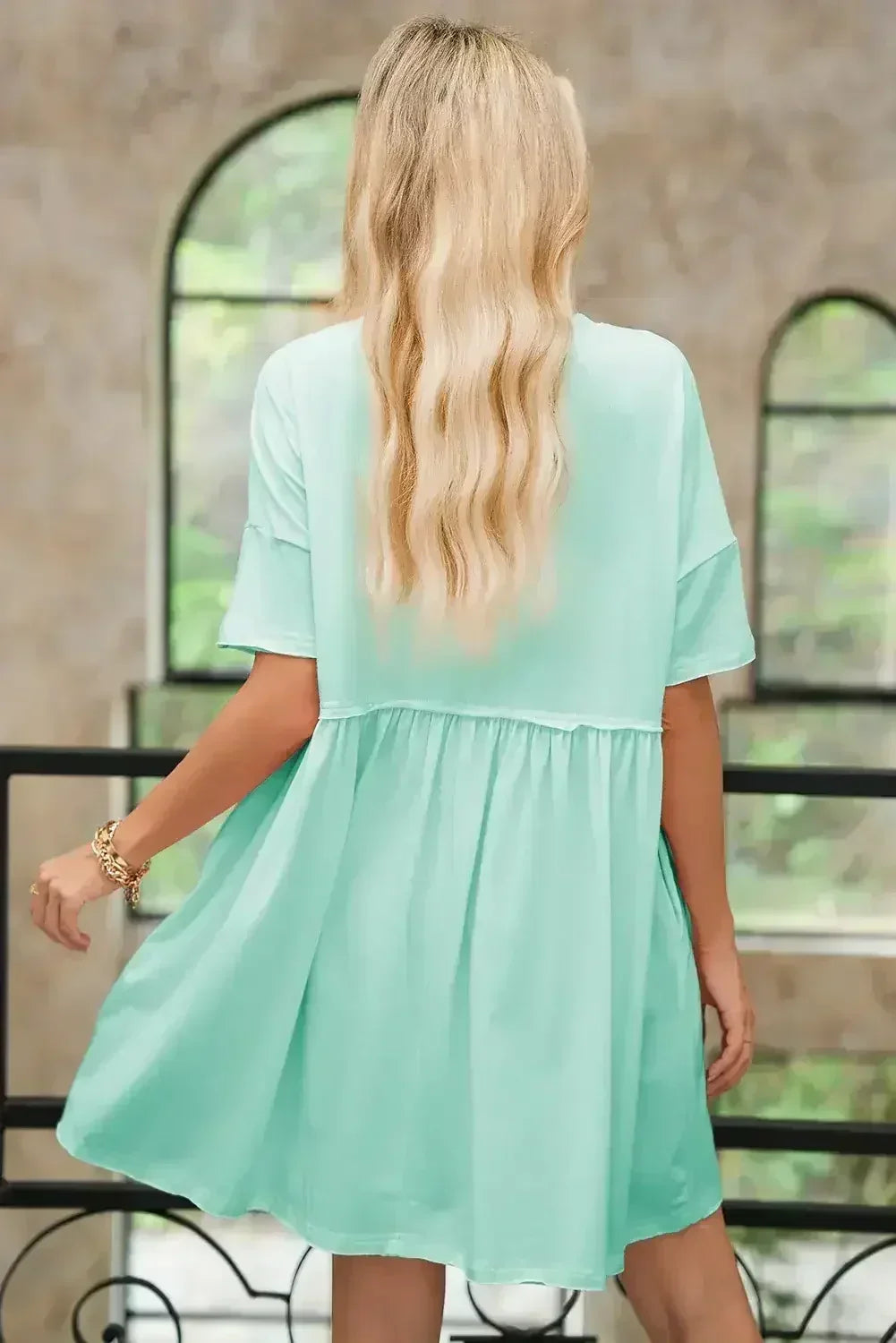 Sky Blue Solid Color Pocket Raw Edge Babydoll Dress - Femstylo