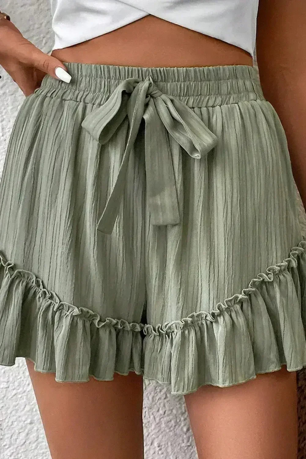 Laurel Green Textured Tie Waist Ruffle Hem Shorts - Femstylo