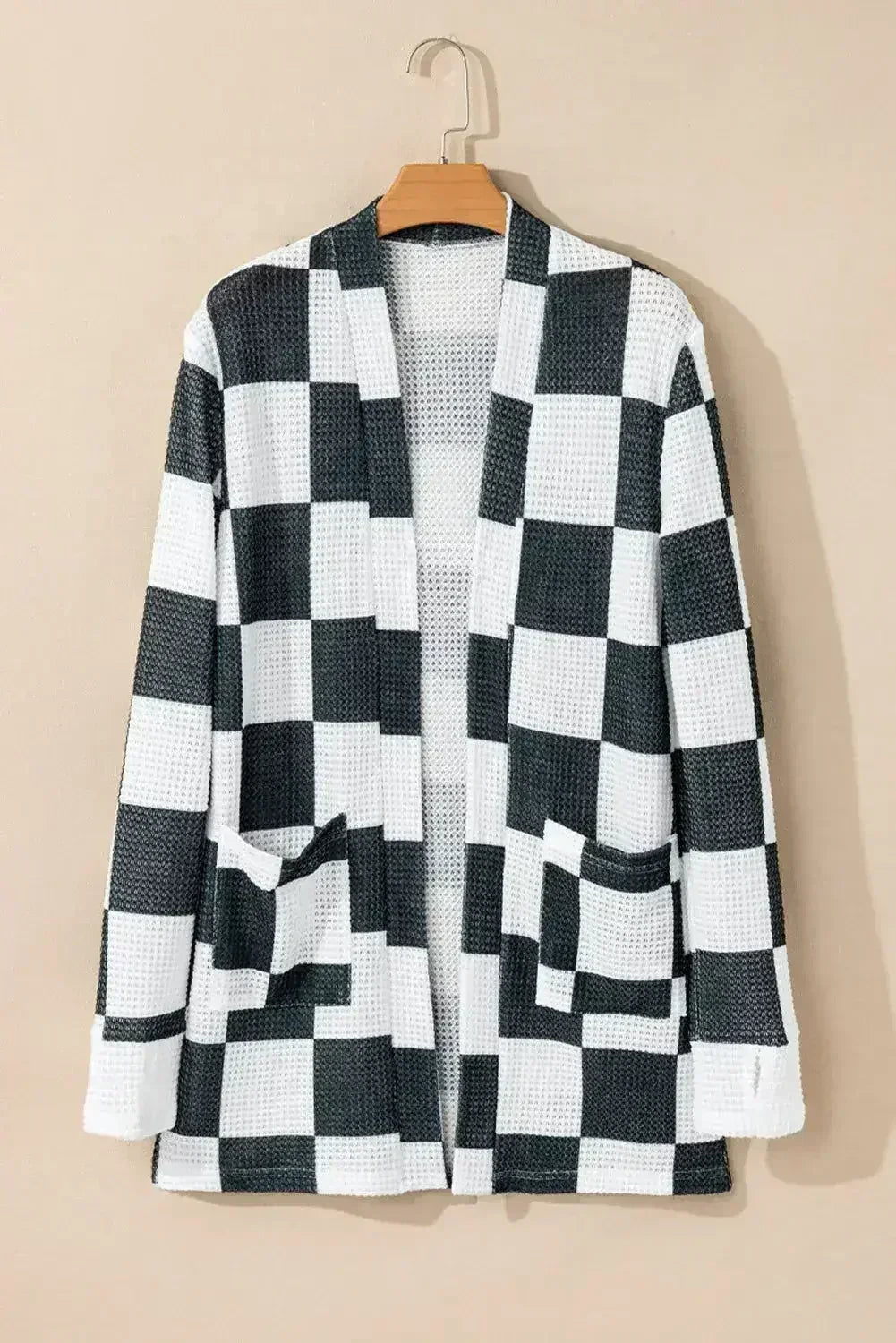 Black Checkered Waffle Knit Thumbhole Open Front Cardigan - Femstylo