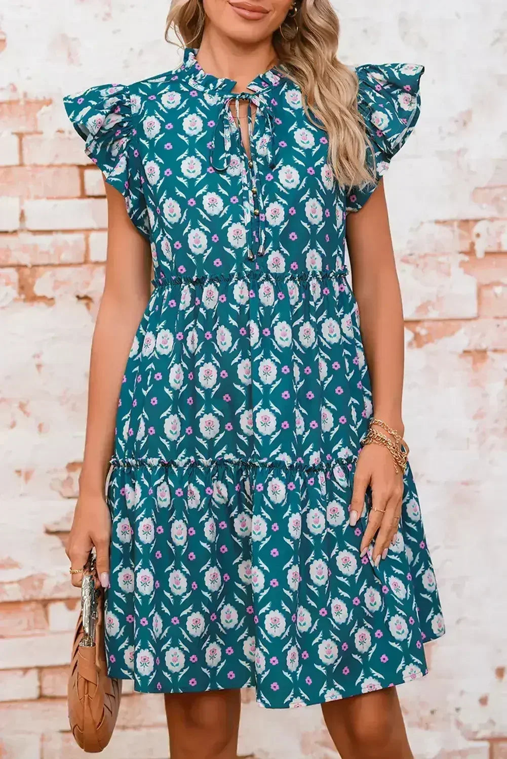 Blue Retro Floral Print Split Neck Ruffle Short Sleeve Dress - Femstylo