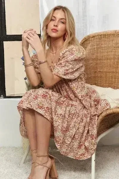 ADORA Floral Square Neck Puff Sleeve Dress - Femstylo