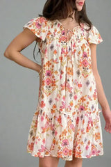 Apricot Floral Print Ruffled Trim Flutter Sleeve Mini Dress - Femstylo