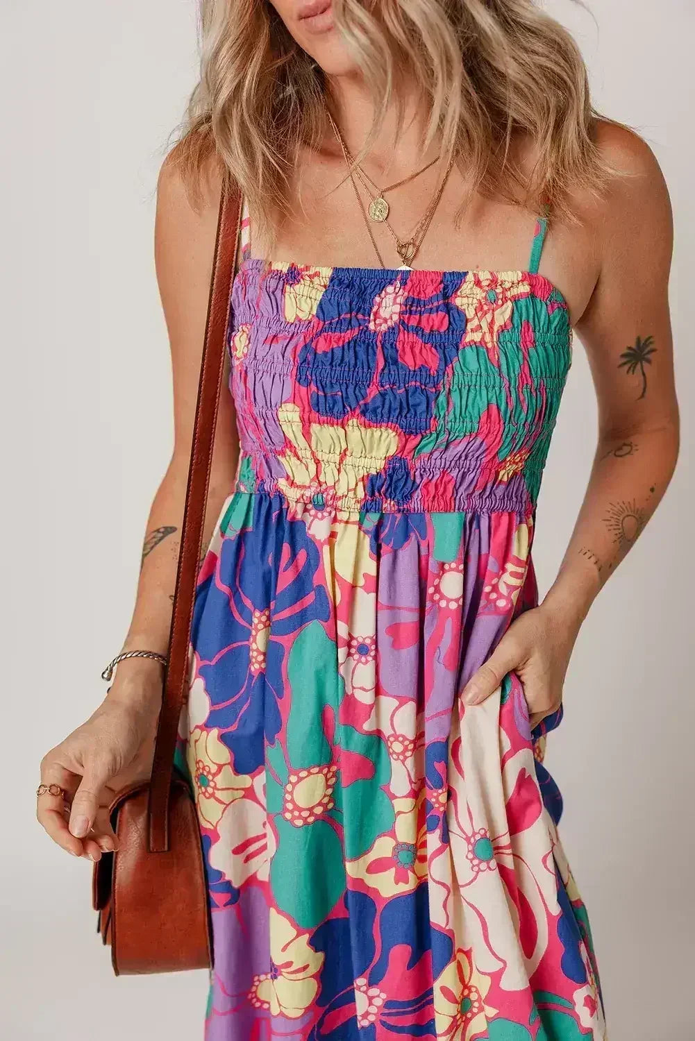 Purple Floral Print Shirred Spaghetti Strap Loose Maxi Dress - Femstylo