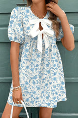 Sky Blue Floral Bow Front Puff Sleeve Mini Dress